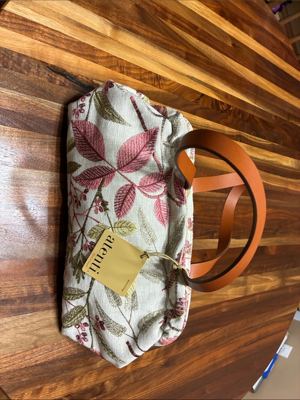 Atenti Floral Jacquard Tote in Pink Leaf with Tan Handles